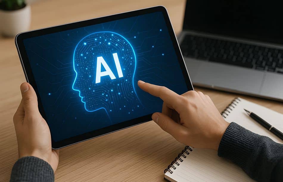 Hand zeigt auf KI-Grafik auf Tablet – moderne Technologie und künstliche Intelligenz im digitalen Arbeitsumfeld